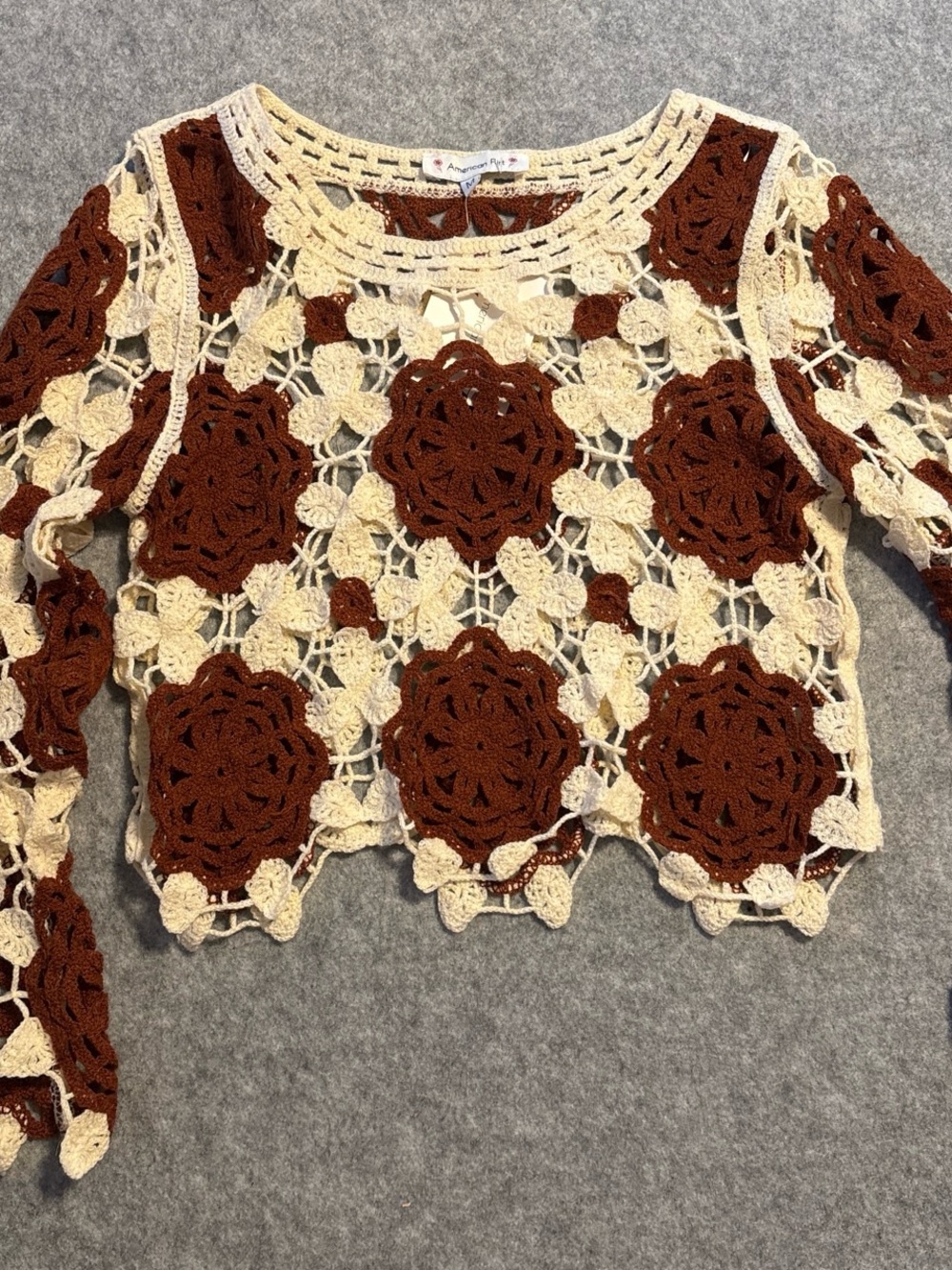 Crochet Floral Scoop Neck Sweater - Brown & Cream